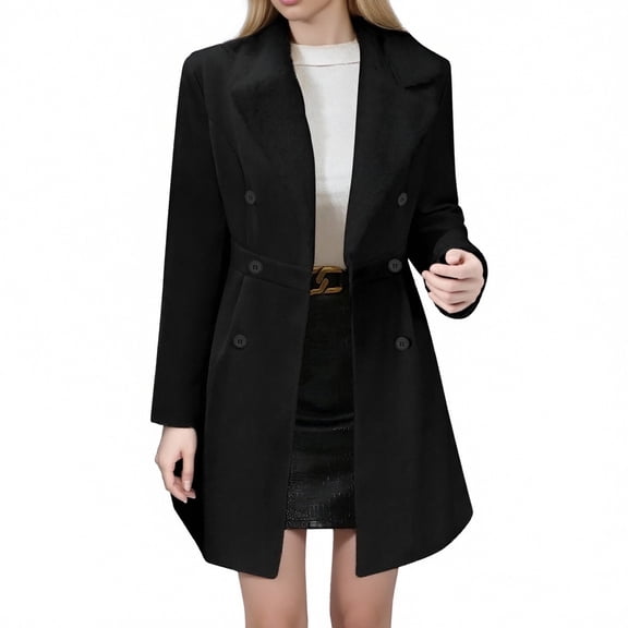 Women's Solid Color Wool Blend Lapel Button Jacket Long Sleeve Coat with Pockets for Autumn Winter
