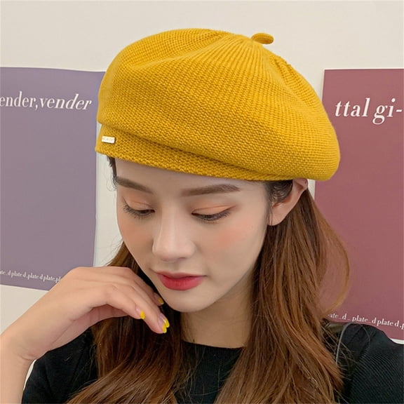 Women's Solid Color Wool Knitted Beret, Classic Painter Style Warm Cap for Autumn and Winter, Soft Stretchable Knit Beret for Outdoor Activities, Simple Casual Daily Wear Hat with Feminine Bow Yellow