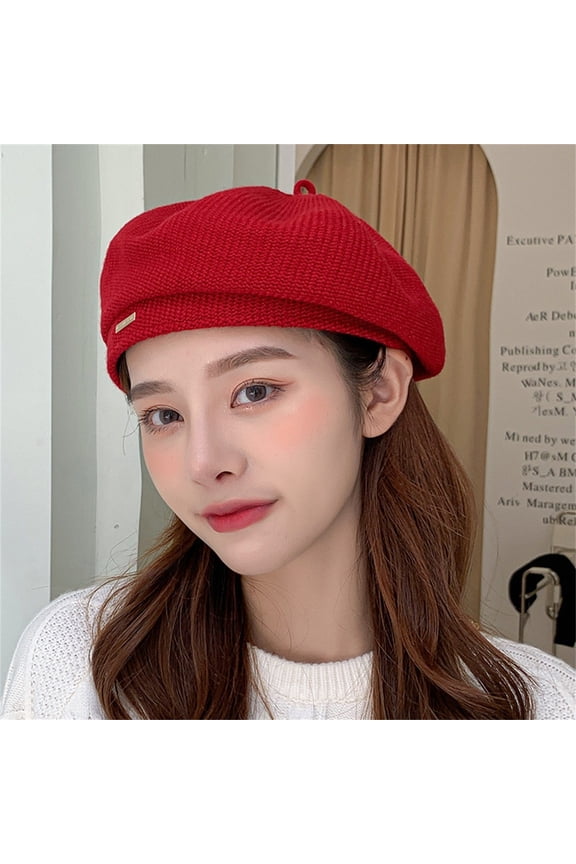 Women's Solid Color Wool Knitted Beret, Classic Painter Style Warm Cap for Autumn and Winter, Soft Stretchable Knit Beret for Outdoor Activities, Simple Casual Daily Wear Hat with Feminine Bow Red