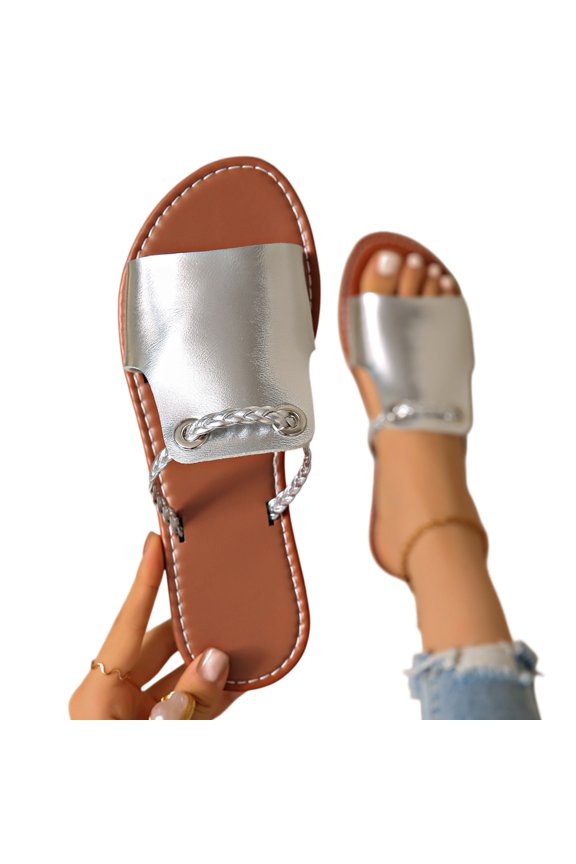 Women’s Solid Color Woven Slide Sandals, Simple Beach Flat Slippers