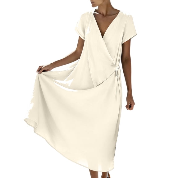 Women's Solid Color Wrap V Neck Midi Dress Short Sleeve Tie Waist Casual Vacation Dress with Pockets Beige M(M)