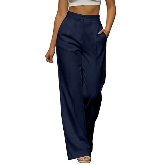 Women's Solid Color Wrinkle-Free Pleated High Waisted Business Casual Wide Leg Dress Pants Navy M(M)