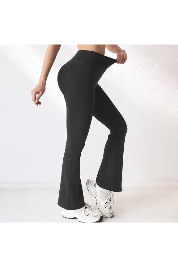 Women's Solid Color Yoga Pants with Pockets, High-Waisted, Extra Long Length Flared Leg for Tall Women, Casual Wide Leg Pants,Black L