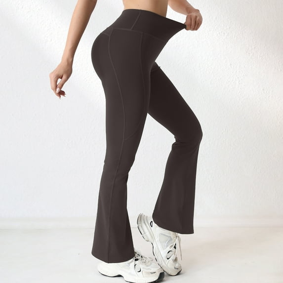 Women's Solid Color Yoga Pants with Pockets, High-Waisted, Extra Long Length Flared Leg for Tall Women, Casual Wide Leg Pants,Brown XL