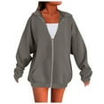 thumbnail image 1 of Women's Solid Color Zip Up Hooded Sweatshirt, Oversized Loose Fit with Drawstring Hood and Pockets, Thick Warm Material for Fall Winter Fashion, Casual Jackets for Streetwear, Daily Wear Grey M, 1 of 8