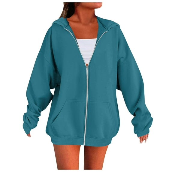 Women's Solid Color Zip Up Hooded Sweatshirt, Oversized Loose Fit with Drawstring Hood and Pockets, Thick Warm Material for Fall Winter Fashion, Casual Jackets for Streetwear, Daily Wear Green XL