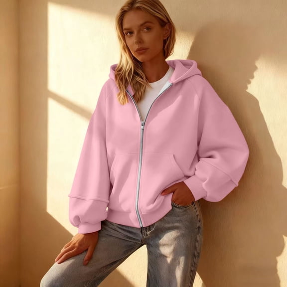 Women's Solid Color Zip Up Hoodie, 2025 Fall and Winter Loose Fit Fleece Pullover, Casual Long Sleeve Comfortable Hooded Sweatshirt, Soft Breathable Everyday Wear for Outdoor Activities Pink M
