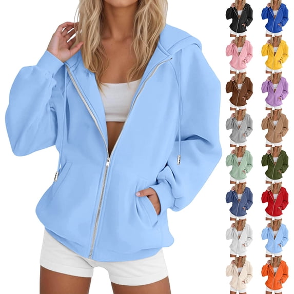 Women's Solid Color Zip Up Hoodie, Raglan Sleeve Casual Pullover with Pocket, Long Sleeve Fashion Sweatshirt for Fall Street Style and Daily Wear-Blue