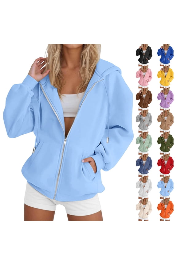 Women's Solid Color Zip Up Hoodie, Raglan Sleeve Casual Pullover with Pocket, Long Sleeve Fashion Sweatshirt for Fall Street Style and Daily Wear-Blue