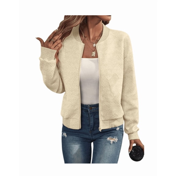 Women’s Solid Color Zip-Up Jacket, Casual Baseball Collar Lightweight Outerwear, Relaxed Fit Long Sleeve Daily Wear Jacket for Spring Fall