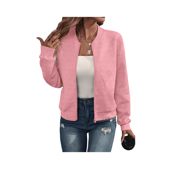 Women’s Solid Color Zip-Up Jacket, Casual Baseball Collar Lightweight Outerwear, Relaxed Fit Long Sleeve Daily Wear Jacket for Spring Fall