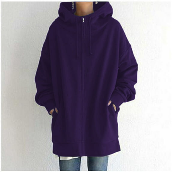 Women's Solid Color Zippered Hooded Longline Lined Streetwear Pullover Jacket Long Zipper Hoodie Women's Hoodie Velour plus Size Jacket Thick Womens Hoodies Pullover French Jacket Women Long Zip