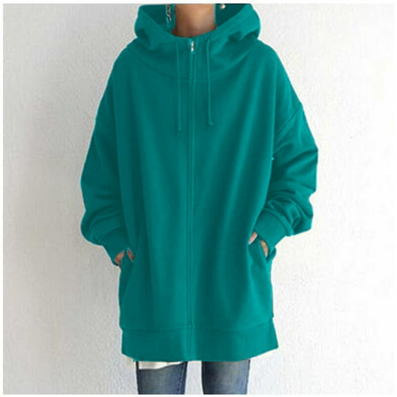 Women's Solid Color Zippered Hooded Longline Lined Streetwear Pullover Jacket Zip up Hoodie Dress Hoodie Sweatshirt Women Womens Lightweight Sweatshirt Lightweight Oversized Sweatshirt Women