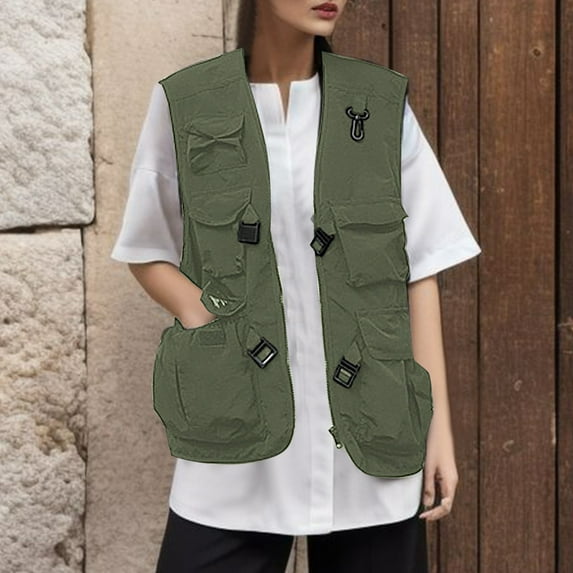 Women's Solid Color pocket Functional Vest Loose Fit Outdoor Sleeveless Jacket Women Fashion Heat Vest Women Long Trench Jacket Ladies Vests Sleeveless Winter Sleeveless Trench Vest for Women Vest for
