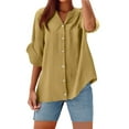 thumbnail image 1 of Women's Solid Colored Linen Blend Stand Collar Long Sleeve Button Shirt, 1 of 5