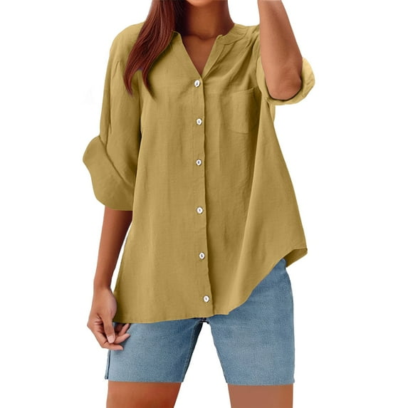 Women's Solid Colored Linen Blend Stand Collar Long Sleeve Button Shirt