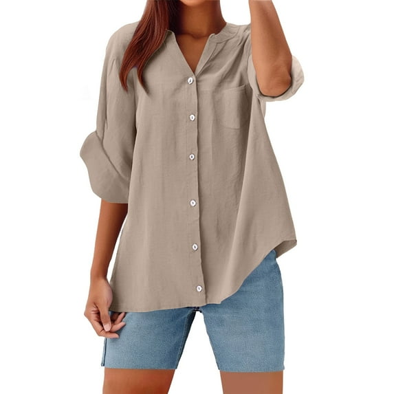Women's Solid Colored Linen Blend Stand Collar Long Sleeve Button Shirt