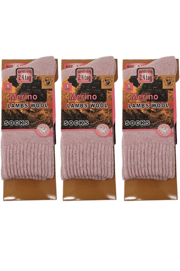 Women's Solid Colors Merino Lamb Wool Crew Socks, Thermal Heavy Duty, Pink, 3 Pairs