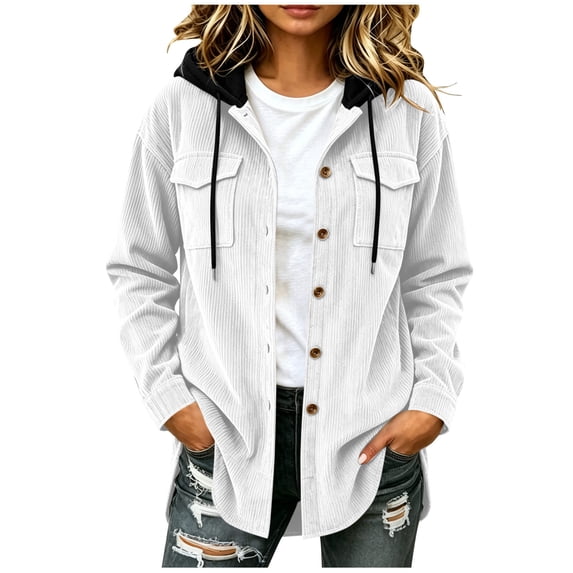 Women's Solid Corduroy Hooded Jacket, Button Front Long Sleeve Open Coat with Chest Flap Pockets Casual Outerwear White M(M)