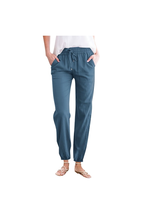 Women's Solid Cotton And Linen Drawstring Loose Casual Leggings