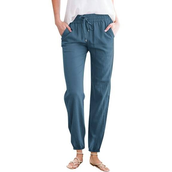 Women's Solid Cotton And Linen Drawstring Loose Casual Leggings