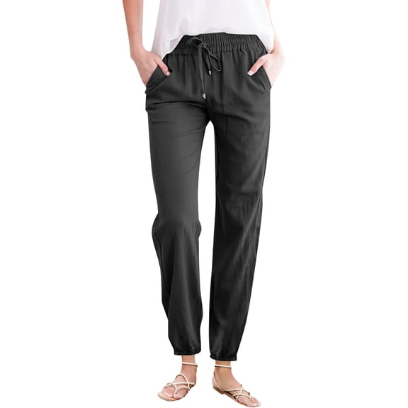 Women's Solid Cotton And Linen Drawstring Loose Casual Leggings