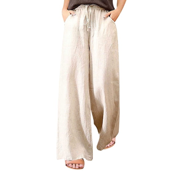Women's Solid Cotton High Waist Loose Relaxed Wide Leg Pants
