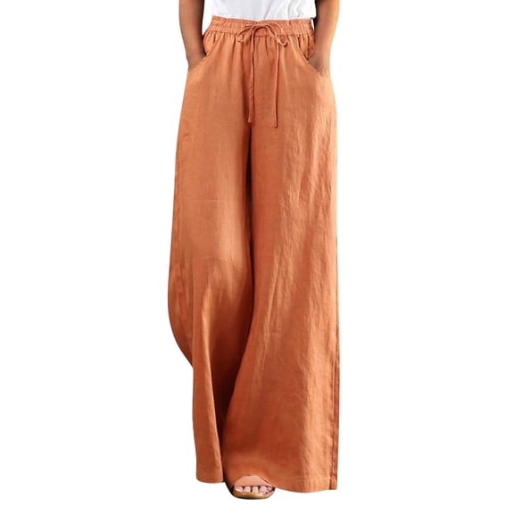 Women's Solid Cotton High Waist Loose Relaxed Wide Leg Pants