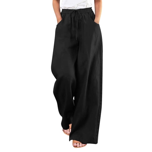 Women's Solid Cotton High Waist Loose Relaxed Wide Leg Pants