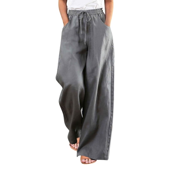 Women's Solid Cotton High Waist Loose Relaxed Wide Leg Pants