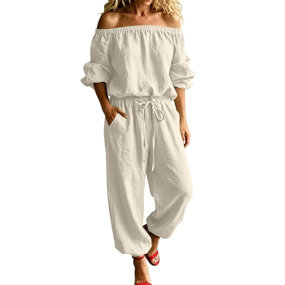 Women's Solid Cotton Linen Jumpsuit, off Shoulder 3/4 Sleeve Elastic Waist Romper with Pockets, Cuffed Ankle Casual One Piece Outfit for Daily Wear Beige XL(XL)