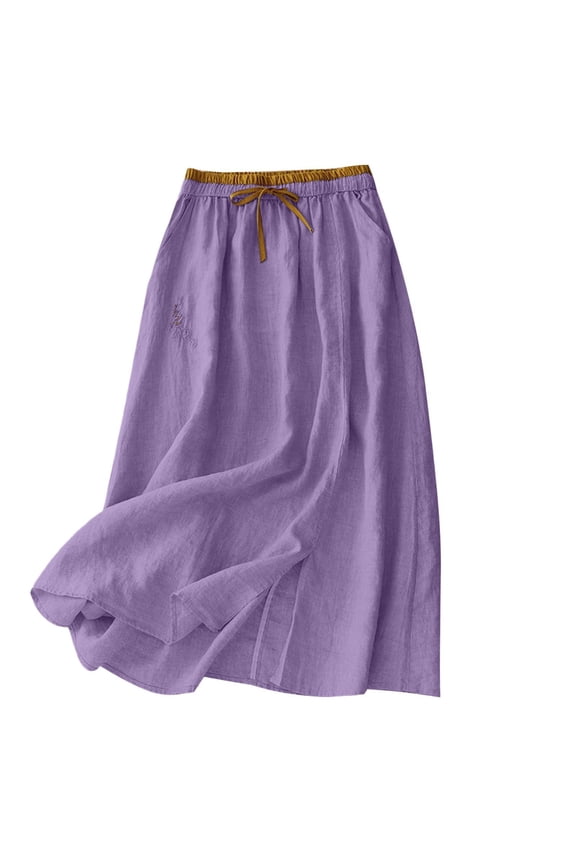 Women's Solid Cotton Linen Midi Skirt, Elastic Waist Drawstring Casual A-Line Skirt with Pockets, Lightweight Flowy Summer Skirt for Daily Wear(Dark Purple,M)
