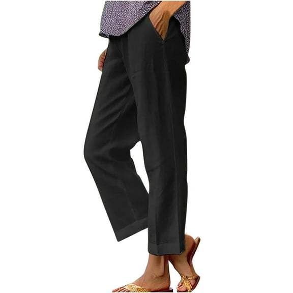 Women's Solid Cotton Linen Pants Elastic High Waist Straight Leg Pants with Drawstring Wide Leg Lounge Trousers Pant