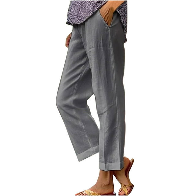 Women's Solid Cotton Linen Pants Elastic High Waist Straight Leg Pants ...