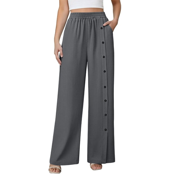 Women's Solid Cotton Linen Pants, High Waisted Wide Leg Trousers with Button Detail and Split Hem, Casual Summer Pants with Pockets