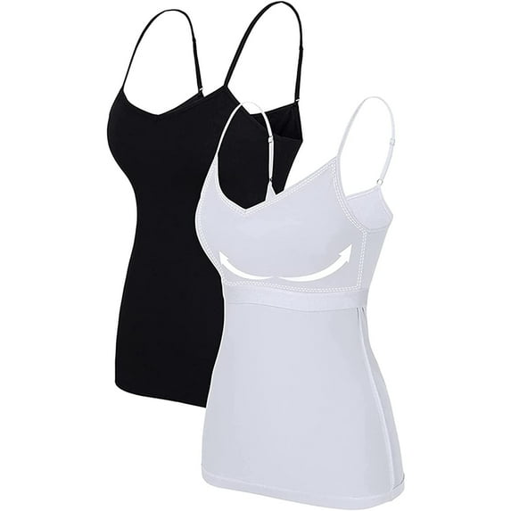 Women's Solid Cotton V Neck Tank Tops With Shelf Cup Adjustable Straps Camisole, 2-Packs