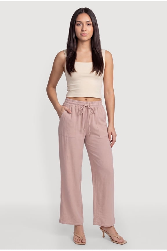 Women's Solid Crepe Knit Drawstring Waist Wide Leg Pants