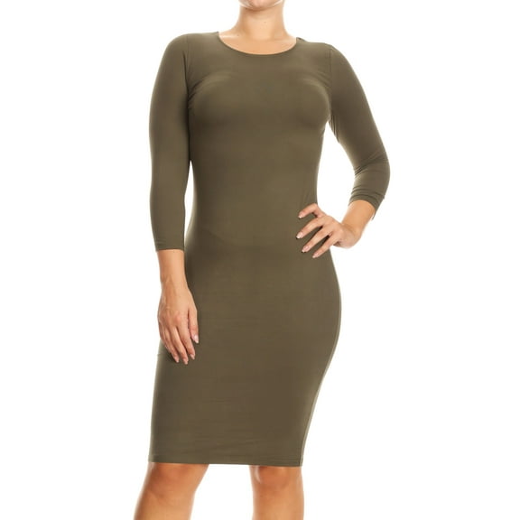 Women's Elegant Midi Bodycon Dress – Crew Neck, Plus Size, 3/4 Sleeve
