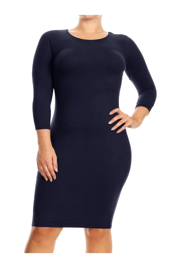 Women's Elegant Midi Bodycon Dress – Crew Neck, Plus Size, 3/4 Sleeve
