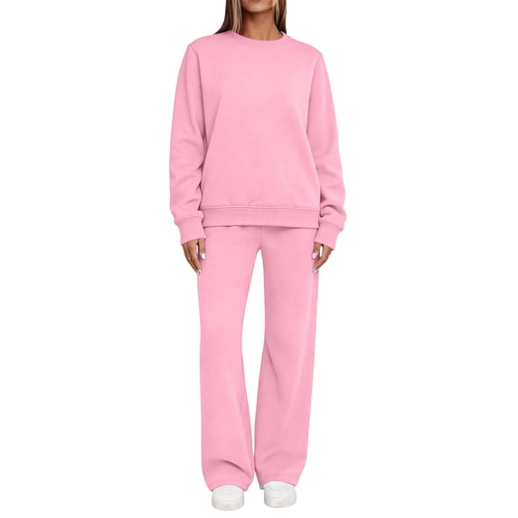 Women's Solid Crew Neck Long Sleeve Sweatshirt Wide Leg Sweatpants 2 Piece Outfit, Fall Winter Casual Loungewear Tracksuit Matching Set Pink L(L)