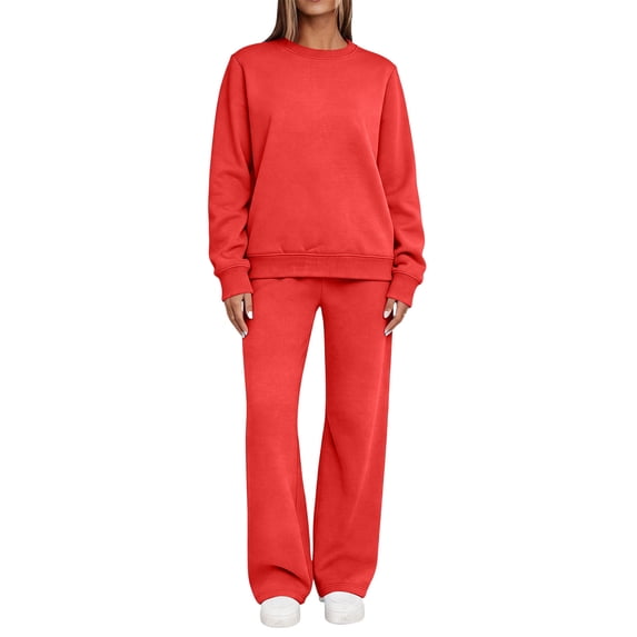Women's Solid Crew Neck Long Sleeve Sweatshirt Wide Leg Sweatpants 2 Piece Outfit, Fall Winter Casual Loungewear Tracksuit Matching Set Red XXL(XXL)