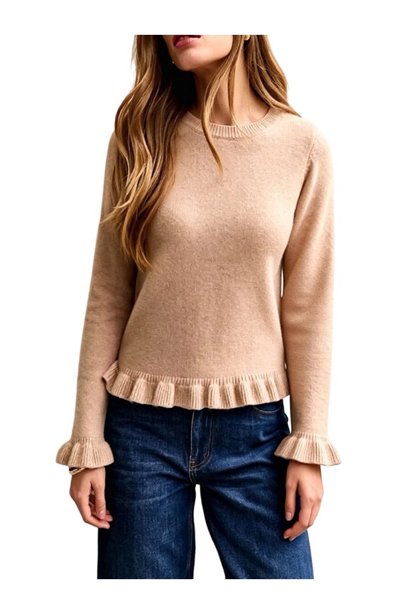 Women's Solid Crew Neck Ruffle Hem Long Sleeve Knit Sweater Khaki L