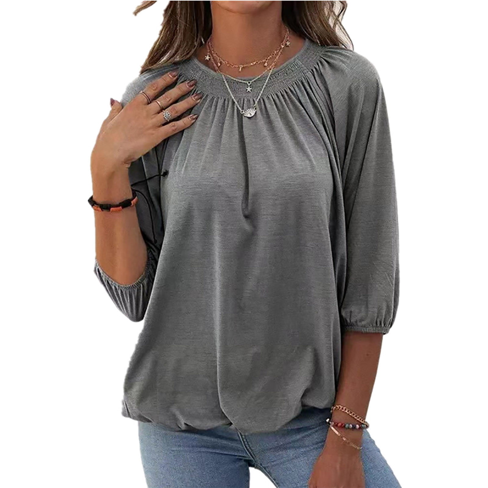 Cozirly Womens Tops Hollow out Vneck 3/4 Sleeve Shirt Half Sleeve Loose Fit  Blouse Womens Fashion Vintage Loose Casual Blouse at  Women's  Clothing store
