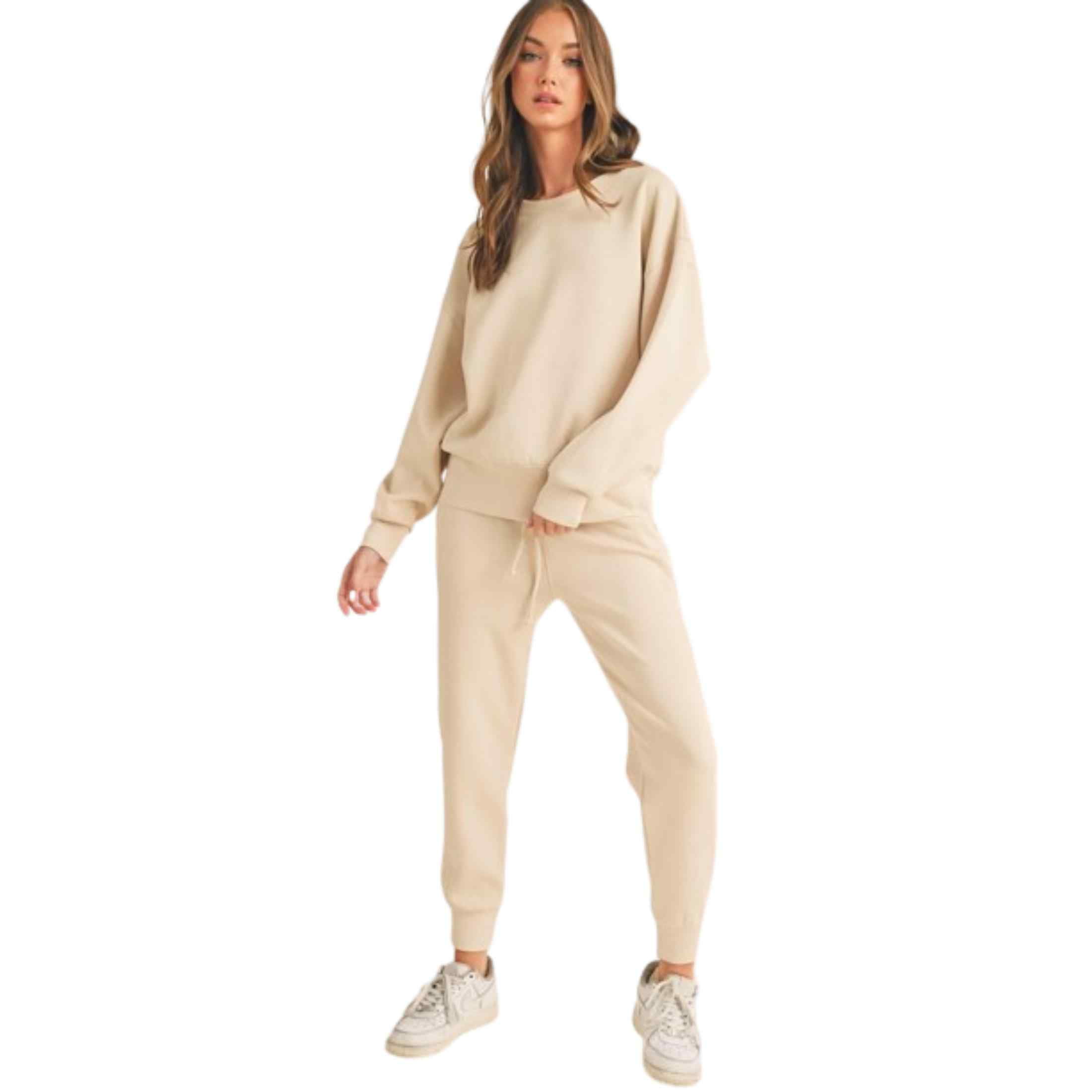 Women s Solid Crewneck Scuba Sweatshirt and Joggers Set Oatmeal Set XL 1 Set Walmart