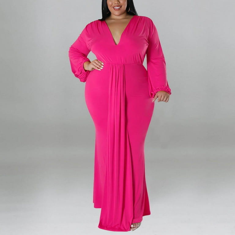 Women's Solid Deep V Neck Long Sleeve Pleated Dress New Product Plus Size  Dress Hot Pink XL
