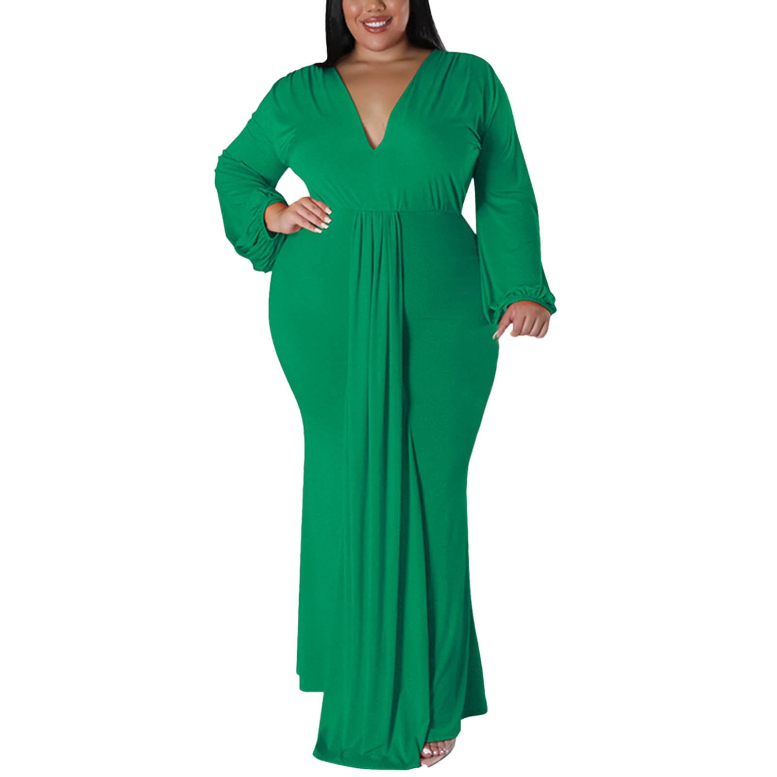Women's Solid Deep V Neck Long Sleeve Pleated Dress plus Size Formal
