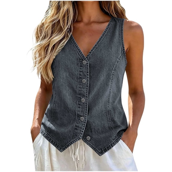 Women's Solid Denim Vest, V‑Neck Button‑Front Sleeveless Waistcoat with Pockets for Spring Winter Casual Layering Home Travel Black M(M)