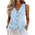 thumbnail image 1 of Women's Solid Denim Vest, V‑Neck Button‑Front Sleeveless Waistcoat with Pockets for Spring Winter Casual Layering Home Travel Light Blue L(L), 1 of 7