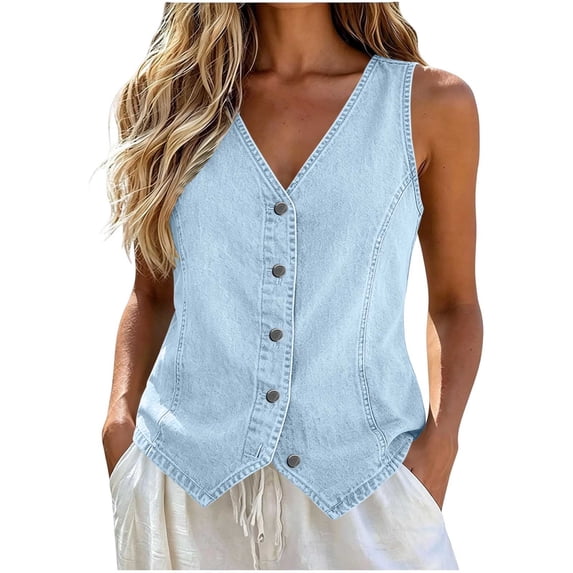 Women's Solid Denim Vest, V‑Neck Button‑Front Sleeveless Waistcoat with Pockets for Spring Winter Casual Layering Home Travel Light Blue L(L)