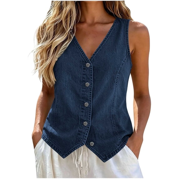 Women's Solid Denim Vest, V‑Neck Button‑Front Sleeveless Waistcoat with Pockets for Spring Winter Casual Layering Home Travel Navy XL(XL)
